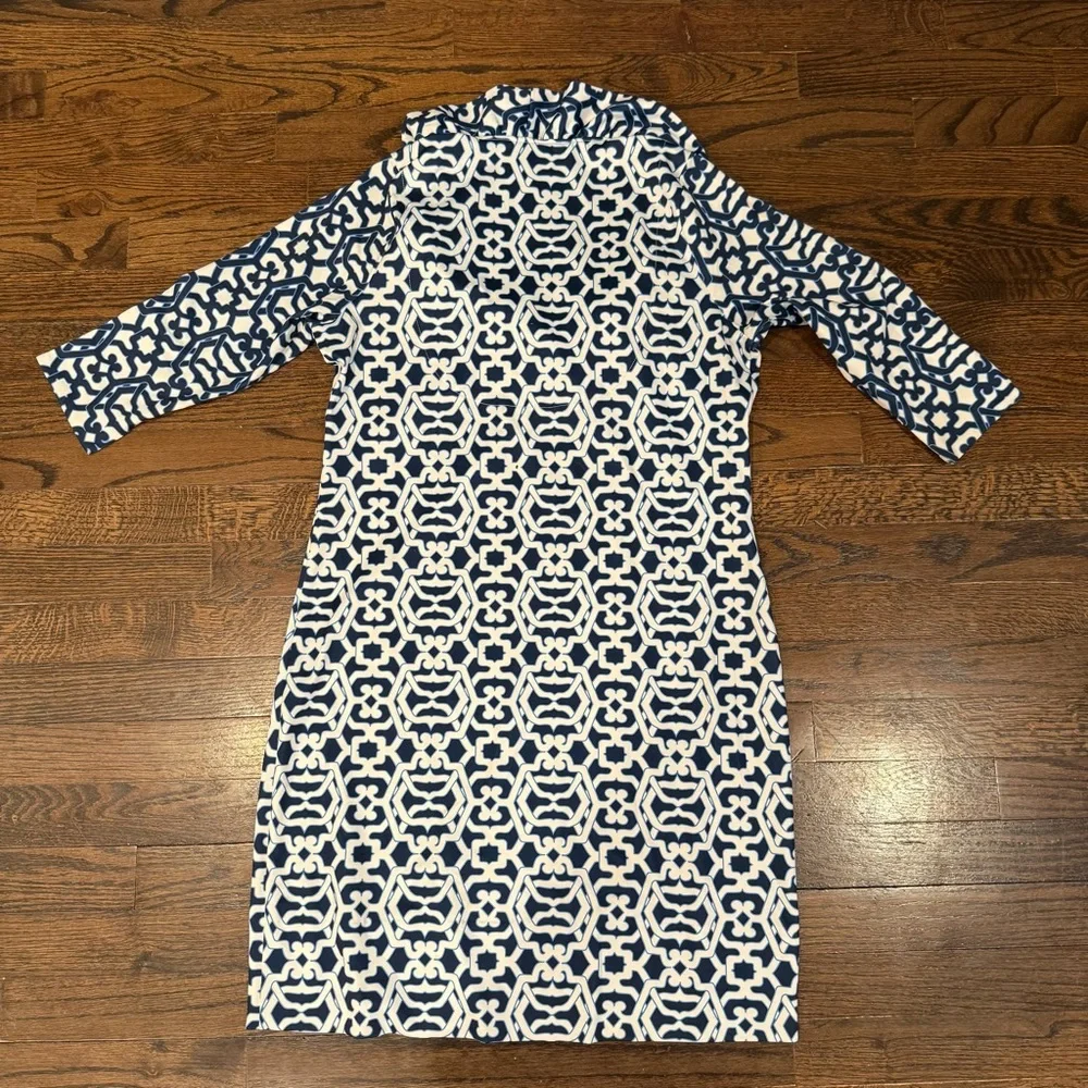 Gretchen Scott, Preppy Ruffle Neck Navy & White Geometric Shift Dress, Size S - Picture 9 of 14